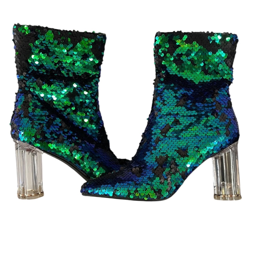 Mermaid Sequin Clear Block Heel Ankle Boots Size 7.5
